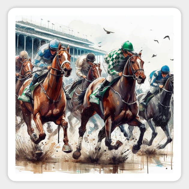 Artistic illustration of horses and jockeys in a horse race Magnet by WelshDesigns